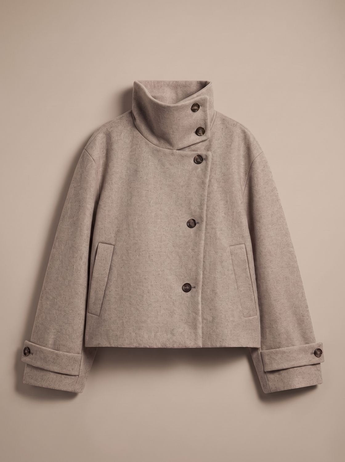 Women's Stand Collar Wool Blend Short Coat with Off-Center Buttons