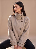Women's Stand Collar Wool Blend Short Coat with Off-Center Buttons