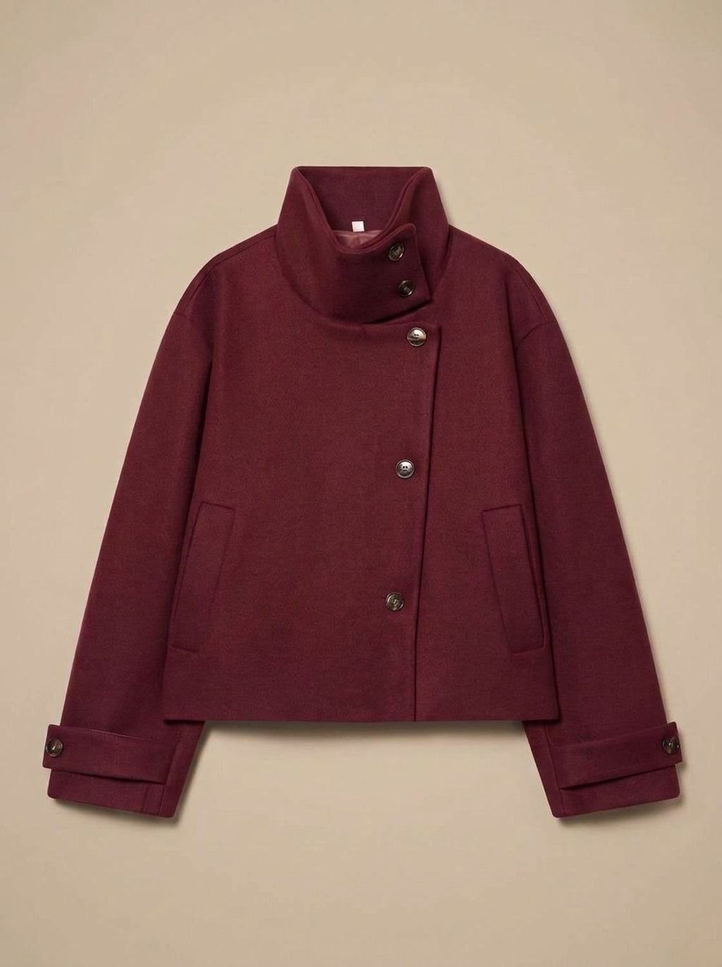 Women's Stand Collar Wool Blend Short Coat with Off-Center Buttons