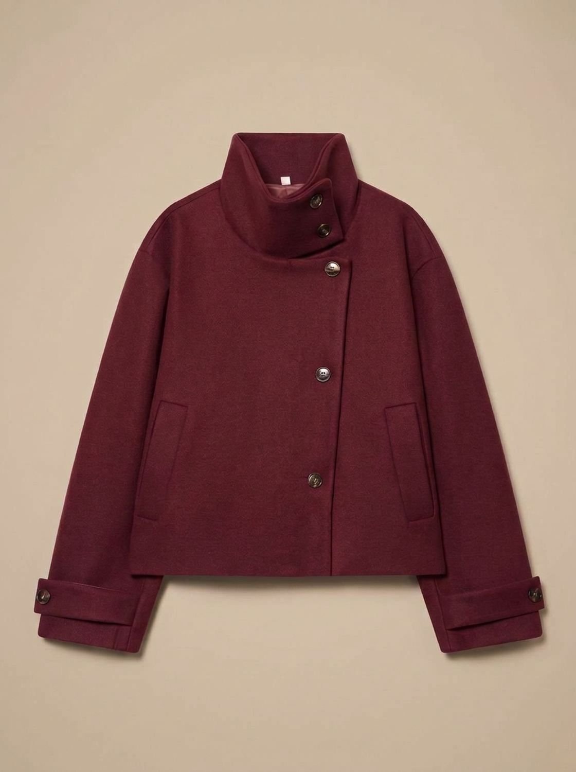Women's Stand Collar Wool Blend Short Coat with Off-Center Buttons