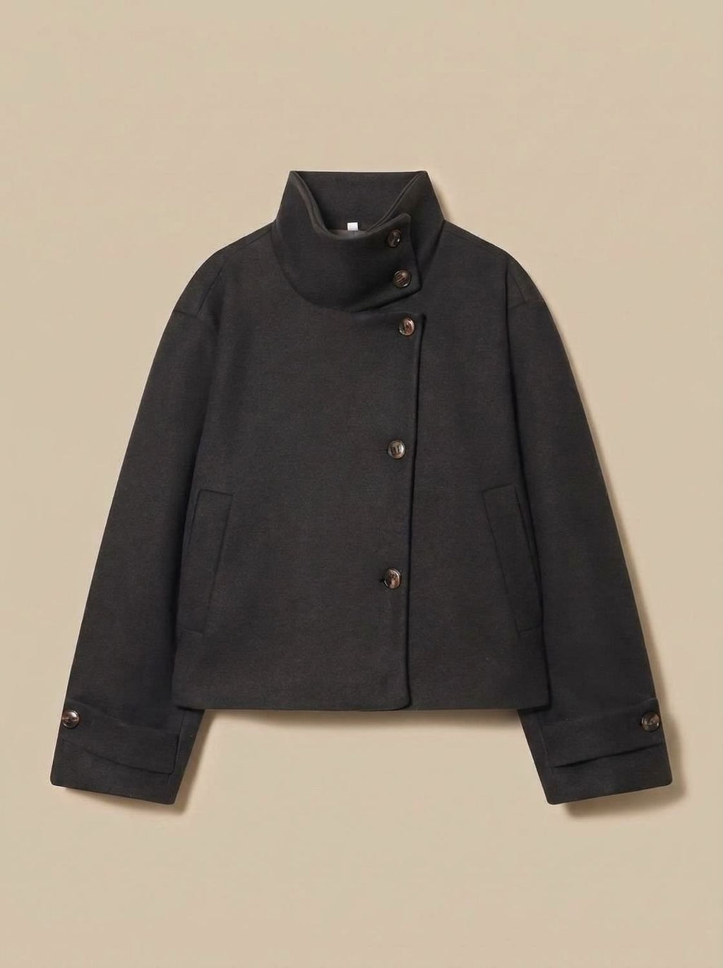 Women's Stand Collar Wool Blend Short Coat with Off-Center Buttons