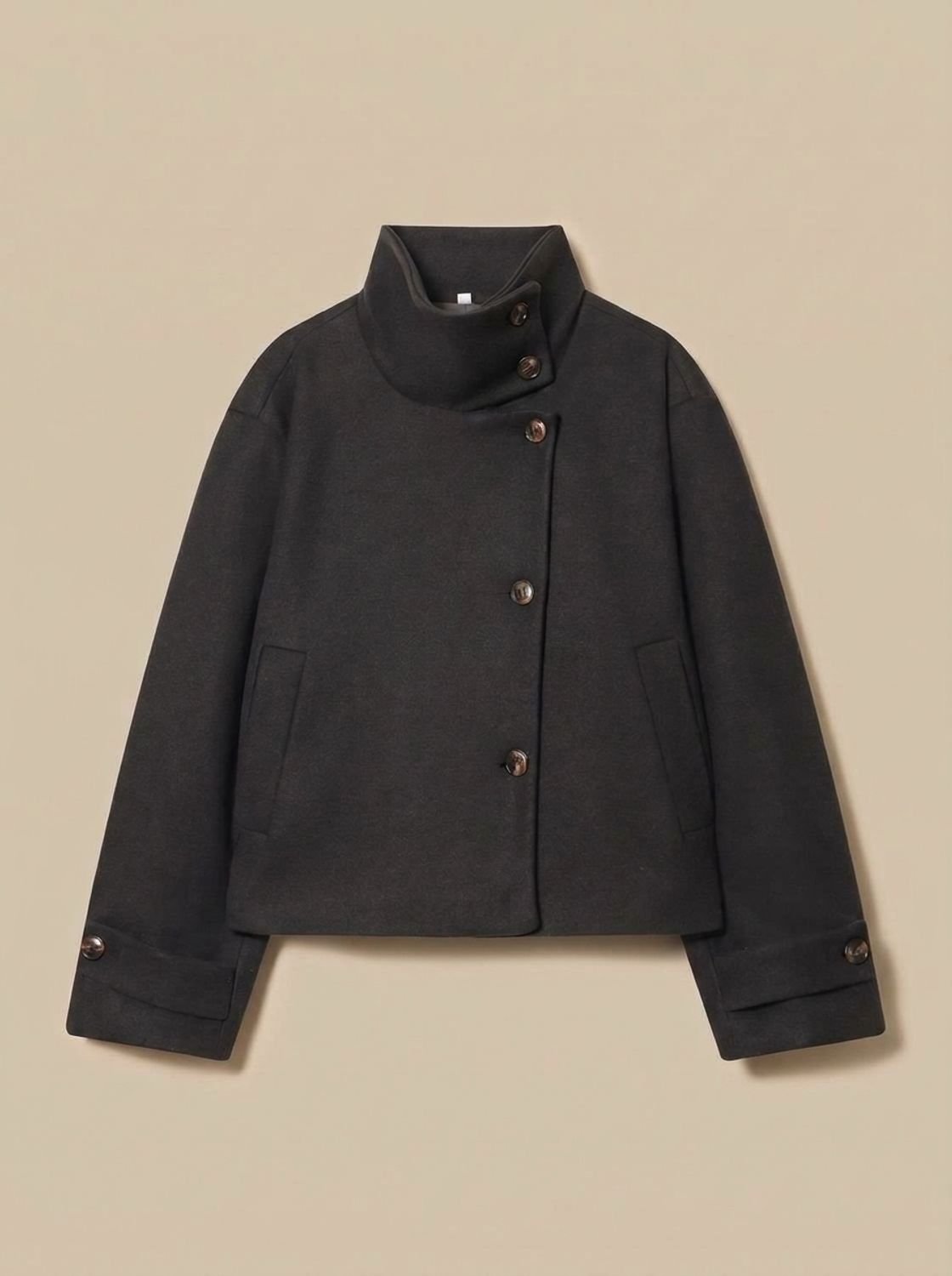 Women's Stand Collar Wool Blend Short Coat with Off-Center Buttons