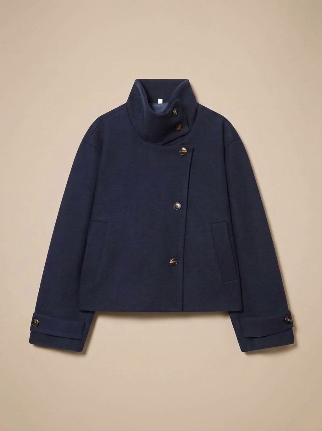 Women's Stand Collar Wool Blend Short Coat with Off-Center Buttons
