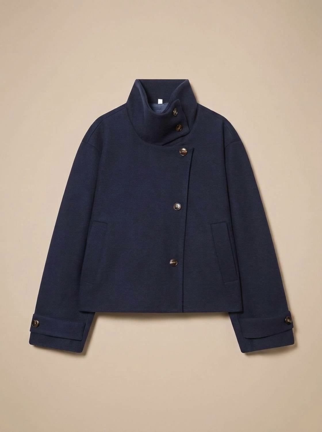 Women's Stand Collar Wool Blend Short Coat with Off-Center Buttons