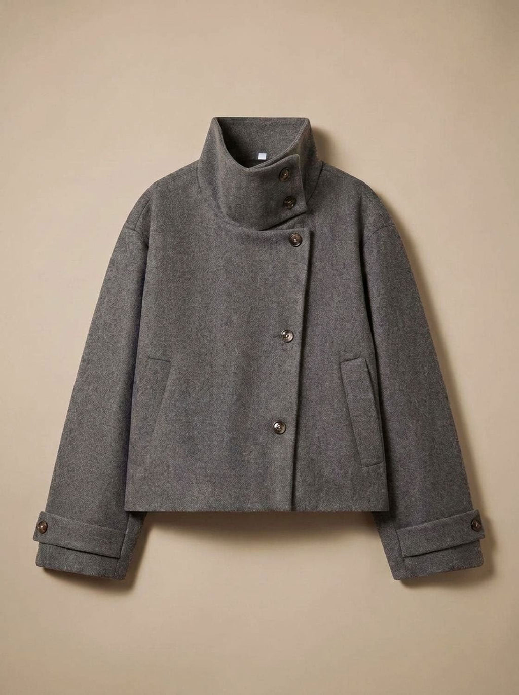 Women's Stand Collar Wool Blend Short Coat with Off-Center Buttons