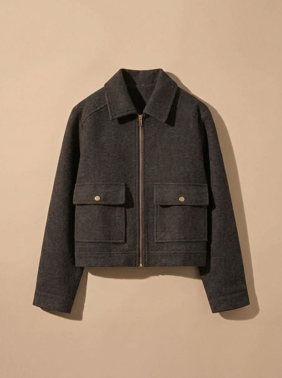 Women's Stand Collar Wool Blend Short Coat with Off-Center Buttons