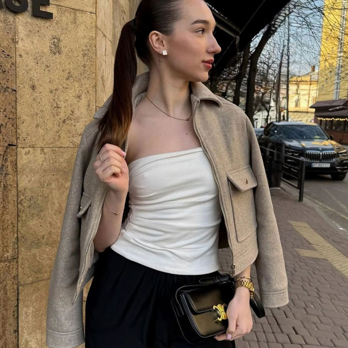 Women's Short Wool Zip Bomber Style Jacket