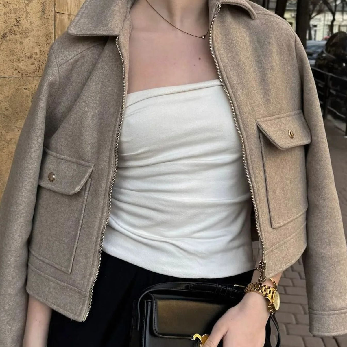 Women's Short Wool Zip Bomber Style Jacket
