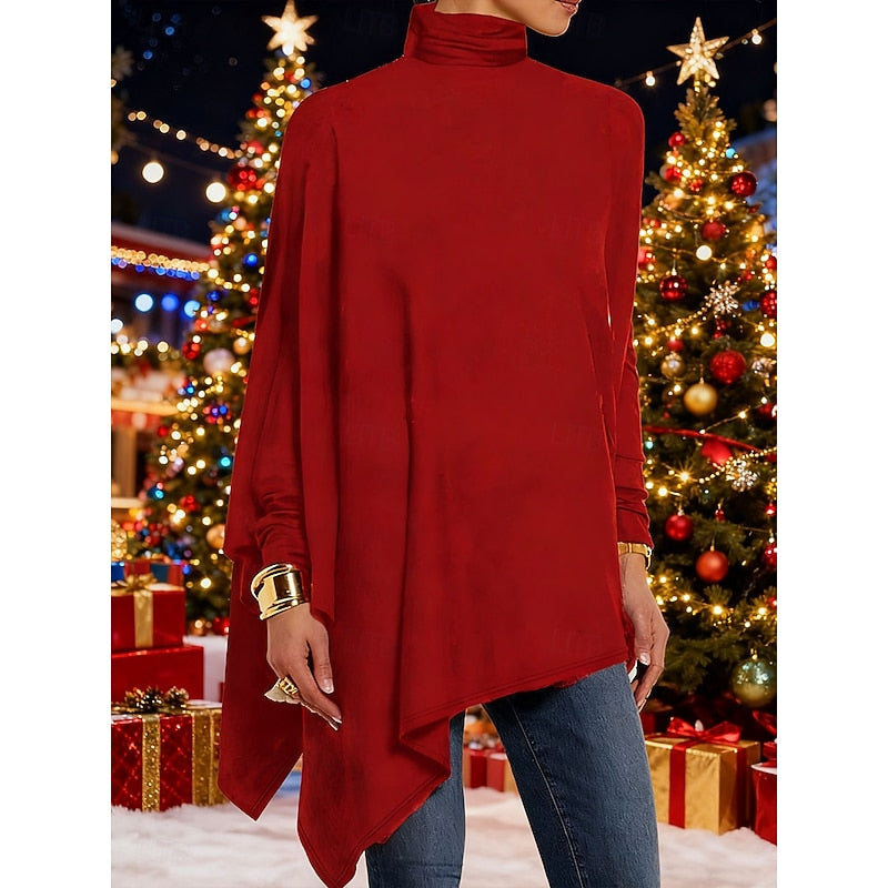 Women's Draped Longer Body Uneven Hem Turtleneck Pullover