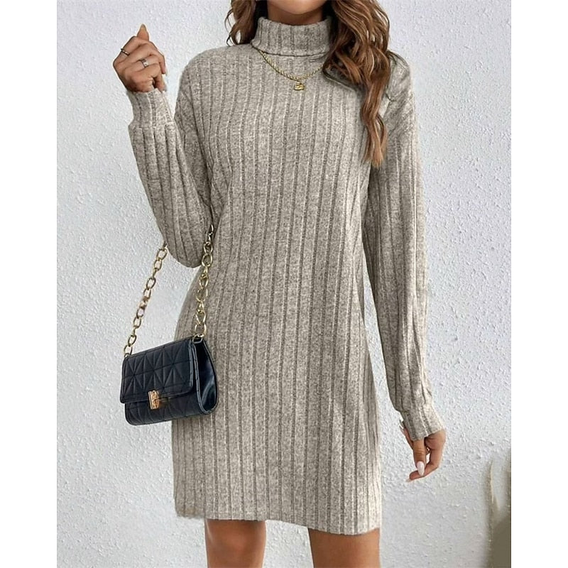 Women's Ribbed Knit Turtleneck Long Pullover Dress