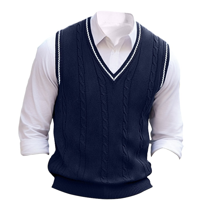 Men's V-Neck Cable Knit Sleeveless Layering Vest