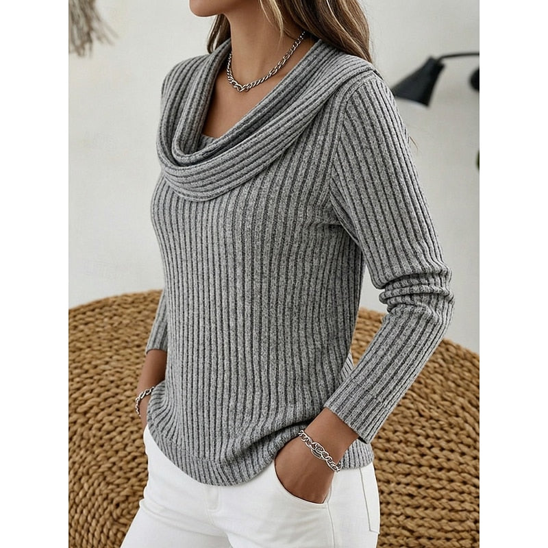 Women's Draped Cowl Neckline Soft Ribbed Pullover