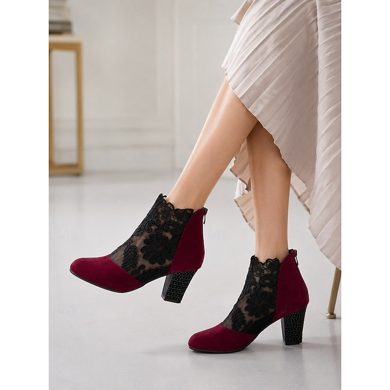 Women's Floral Lace Overlay Block Heel Booties