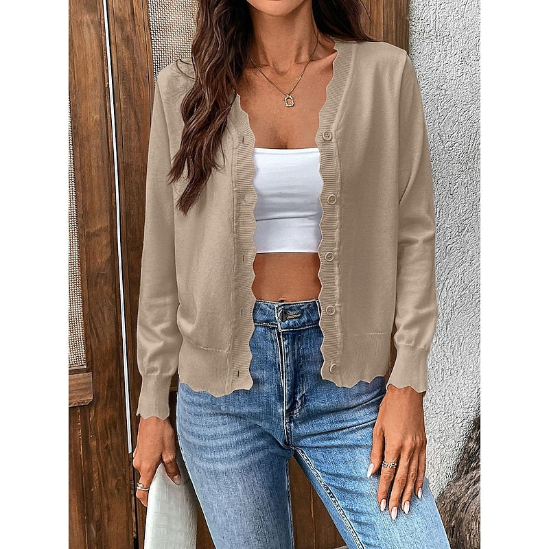 Women's Scalloped Trim V-Neckline Button-Up Knit Cardigan