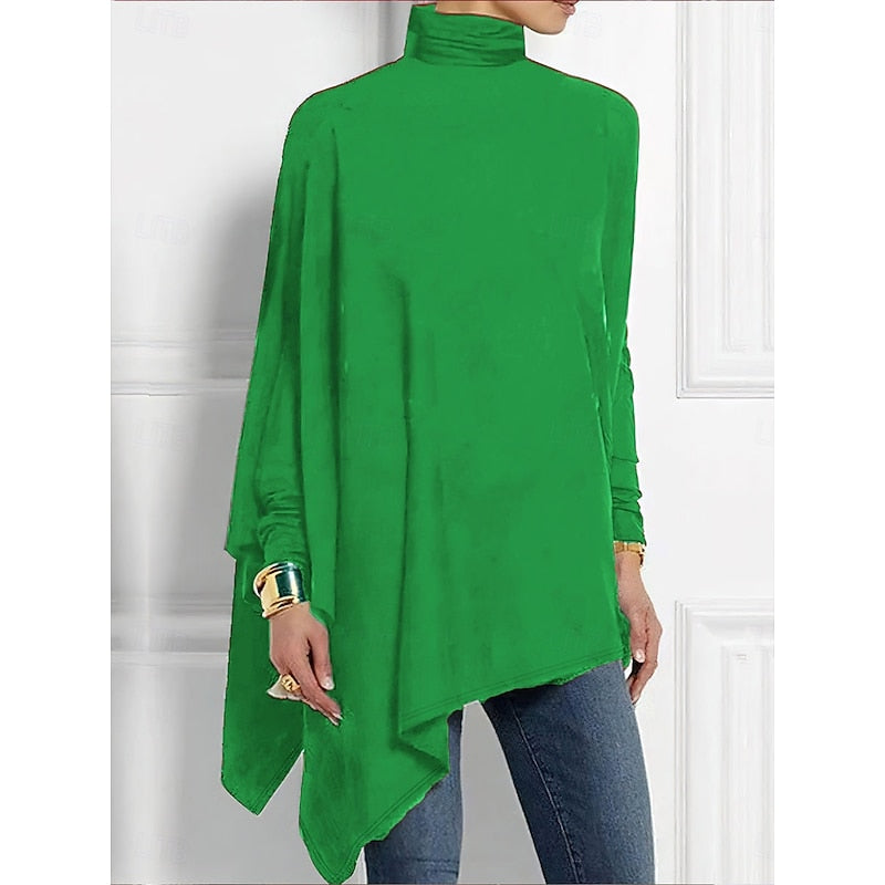 Women's Draped Longer Body Uneven Hem Turtleneck Pullover