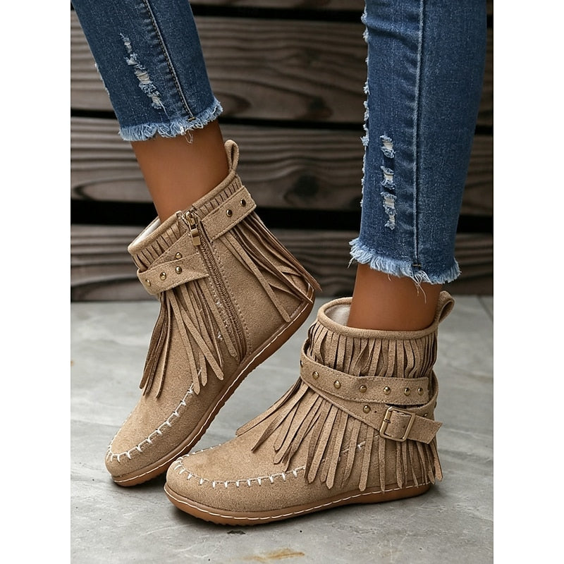 Women's Flat Sole Fringe Moccasin Booties