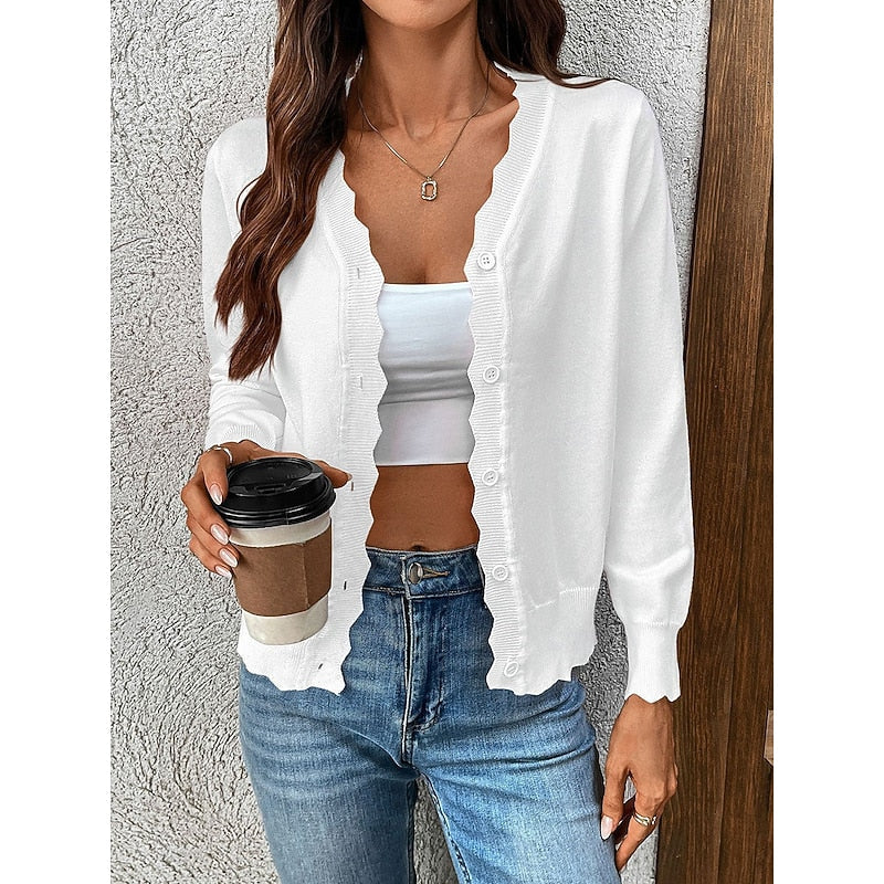 Women's Scalloped Trim V-Neckline Button-Up Knit Cardigan