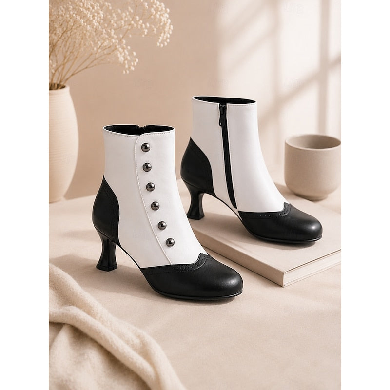 Women's Two-Tone Vintage Ankle Booties with Button Detail