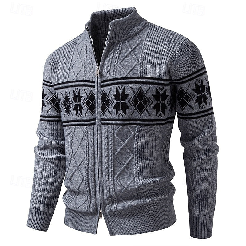 Men's Zip-Front Stand Collar Fair Isle Ribbed Cardigan