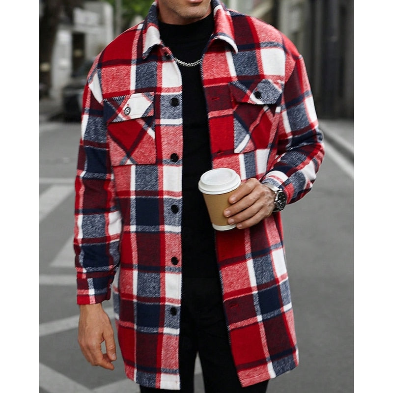 Men's Chest Pocket Checked Overshirt Coat