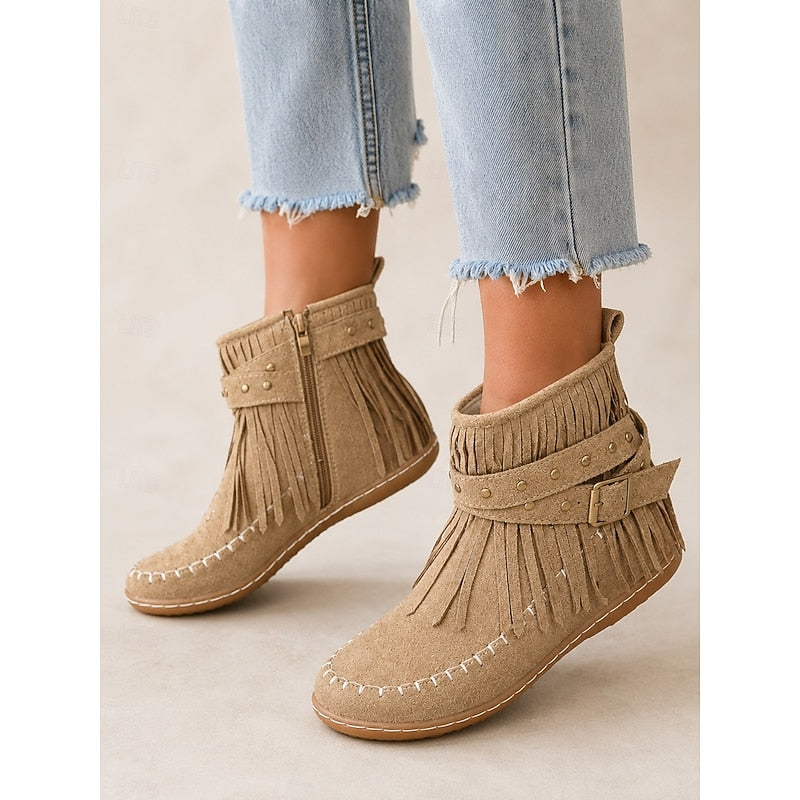 Women's Flat Sole Fringe Moccasin Booties