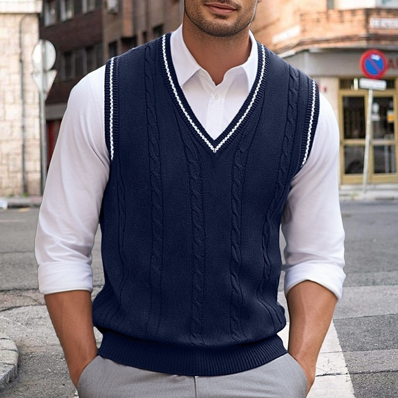 Men's V-Neck Cable Knit Sleeveless Layering Vest